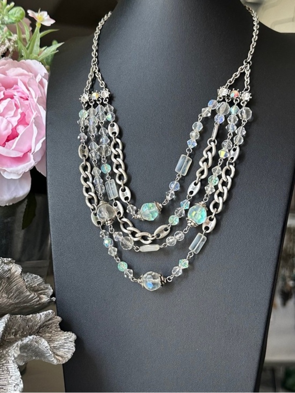 Vintage Iridescent Aurora Borealis Crystal & Glass Multi-strand Necklace | GVC